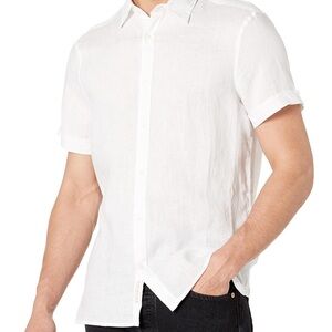 Perry Ellis Men’s Regular Fit Linen Short Sleeve Button Front White Shirt Medium